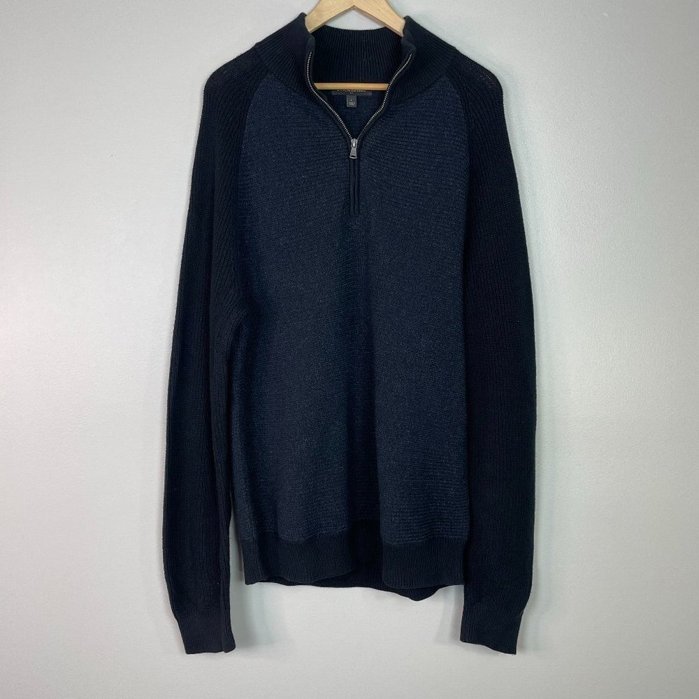 Banana Republic Sweater Large Black Navy Blue 1/4-Zip Pullover Cotton Blend Mens